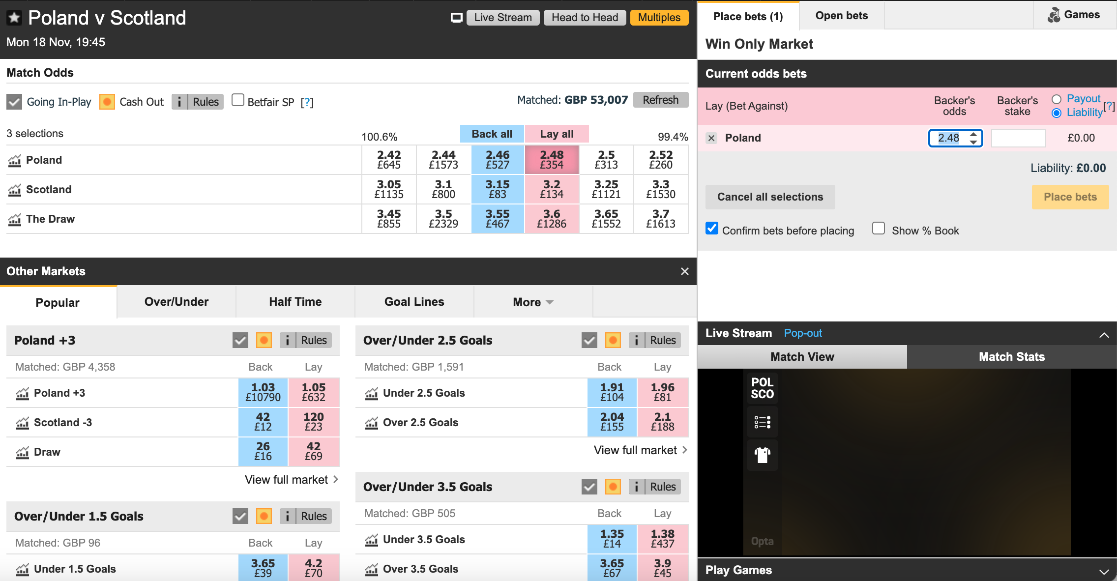 Betfair Exchange's event page for a Poland v Scotland match, with the match odds market at the top, other markets below, your betslip on the top right and a live stream option on the bottom right